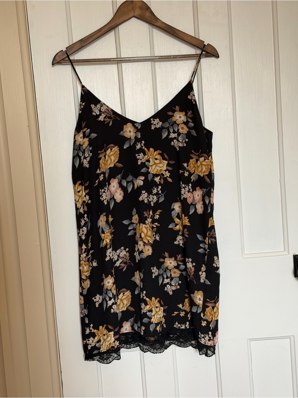 Black Floral Slip Dress with Lace Trim